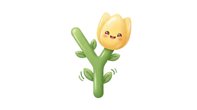 Kawaii yellow tulip flower character, cute smiling floral mascot with green stem, cheerful spring blossom illustration isolated PNG with Transparent Background