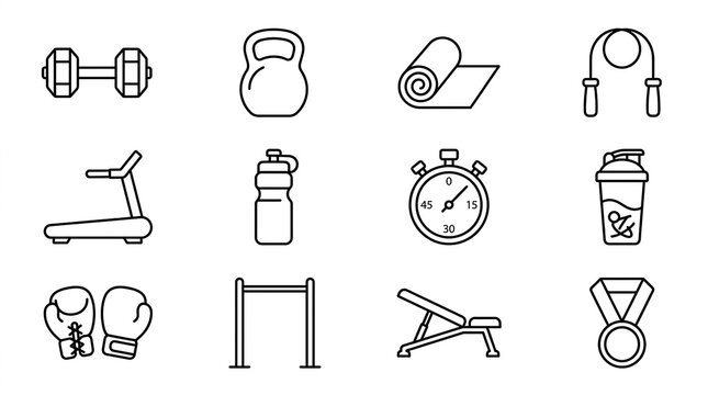 Minimalist gym and fitness equipment vector icon set for sports training and health apps.