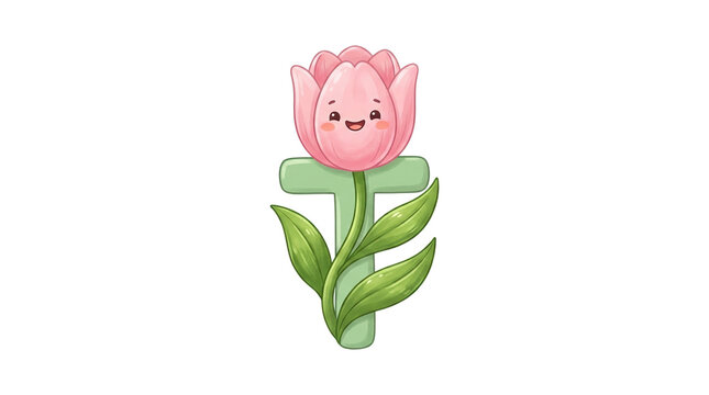 Kawaii pink tulip flower character with letter T, cute floral alphabet illustration for kids, smiling spring tulip mascot isolated PNG with Transparent Background