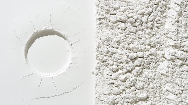 View from above of a flattened white powder surface with a round imprint, highlighted by orbiting light that creates changing shadows