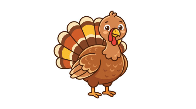 Cute Thanksgiving turkey vector illustration, cartoon autumn bird character, festive holiday animal mascot isolated on white