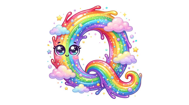 Kawaii rainbow letter Q character, cute colorful alphabet typography with clouds and stars, vibrant liquid splash font for kids isolated PNG with Transparent Background