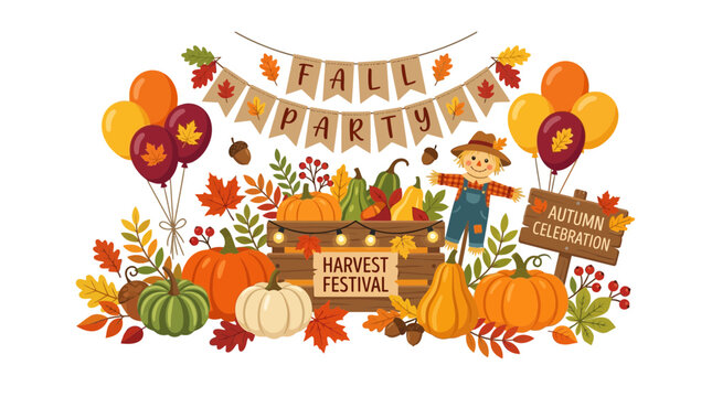 Autumn harvest festival vector illustration, fall party celebration banner with pumpkins and scarecrow, seasonal foliage background
