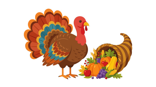 Thanksgiving turkey bird with cornucopia horn of plenty, autumn harvest vector illustration, festive holiday feast elements