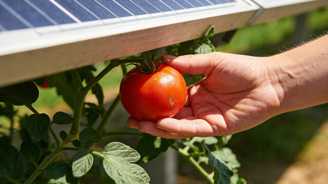 Solar panels support tomato growth on a farm in an agrivoltaics setup for efficient land use