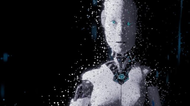 Abstract 3d portrait animation of ai humnaoid cyborg look at camera with small particles flying around