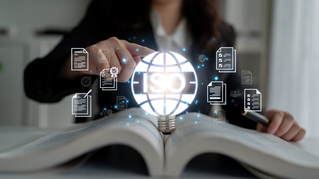 Concept of ISO certification for business quality management. This international standard ensures compliance, process control, and assurance for products and services. Fermion