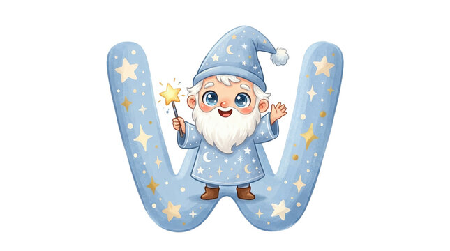 Whimsical letter W with cute wizard gnome, magical blue alphabet character with stars, nursery fairytale typography isolated PNG with Transparent Background