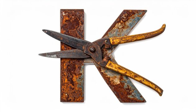 Rusty Old Letter K Metal Cutout with Pliers Resting on Rusted Bars