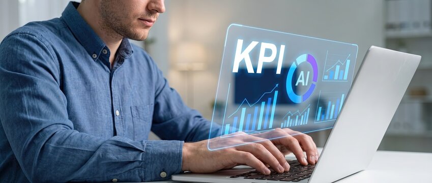 Business professional analyzing digital kpis and ai analytics on a laptop in a contemporary office environment highlighting the importance of data driven decision making.