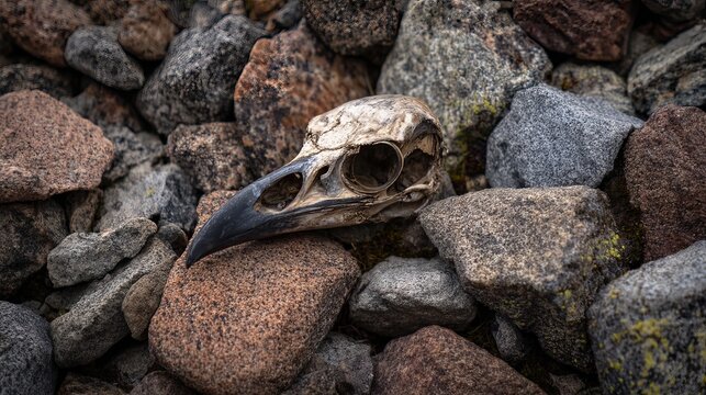 Weathered bird skull features sharp curved beak detail resting upon textured gray granite stones in this cinematic high resolution image