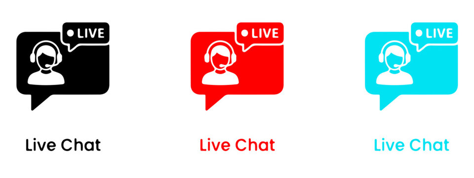 Live chat icon set featuring headset support agent in speech bubbles