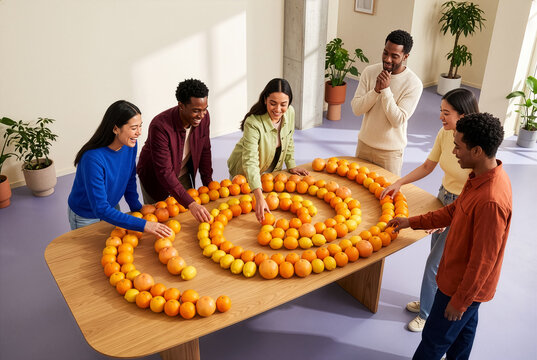 Young friends creating a colorful citrus spiral together at a communal table, representing offline friendship, creativity, cooperation and playful real-world social connection.