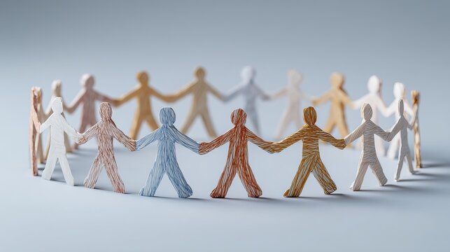 Multicolored paper cutout human figures holding hands in a circular formation representing global unity and cooperation against soft lighting