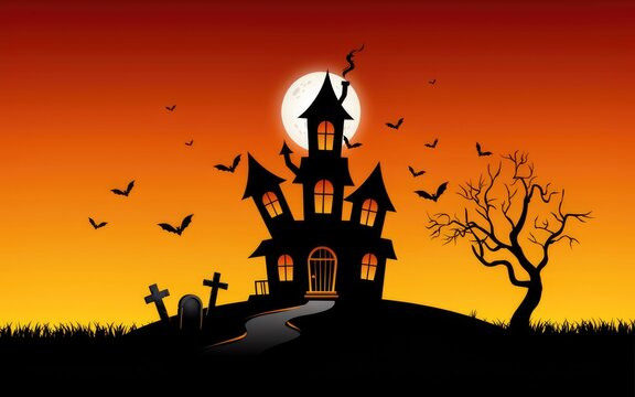 A spooky haunted house silhouette against a bright full moon during a dark orange halloween night