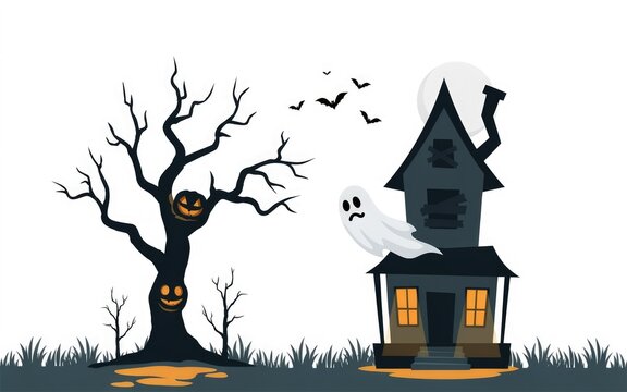 A spooky haunted house with a ghost and scary tree for your festive halloween party design project