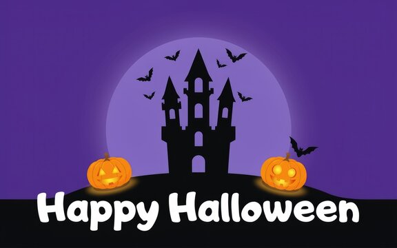 A spooky haunted castle silhouette with glowing pumpkins under a full moon for a happy halloween celebration