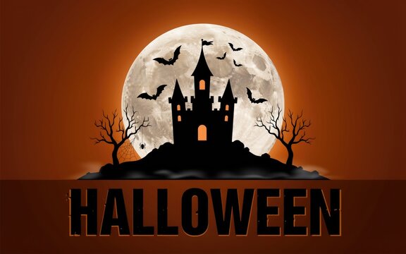 Spooky halloween background featuring a haunted castle silhouette under a large full moon with flying bats