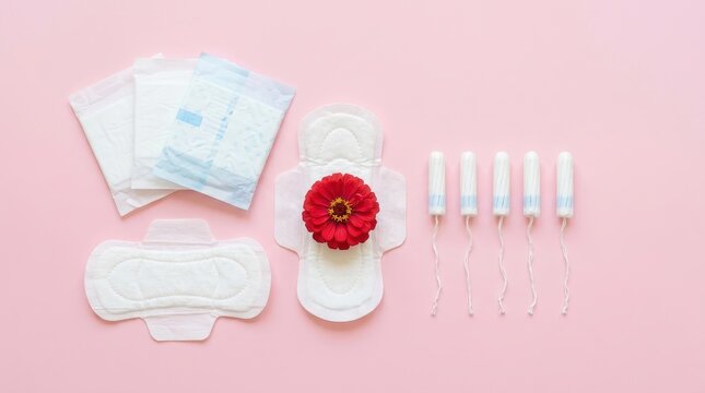 Menstrual hygiene products including sanitary pads, liners, and tampons with a red flower, feminine health and intimate care arranged for educational awareness and healthcare reference