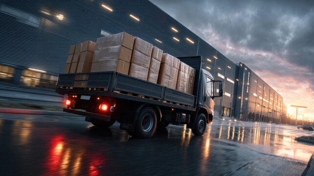 Dark grey flatbed delivery truck loaded with cardboard boxes near a warehouse building lorry transport