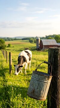 Rustic metal bucket hanging on a wooden fence post in a pasture with a grazing dairy cow and a red barn at sunset, World Milk Day rural scene