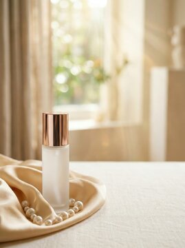Cosmetic spray bottle on gold silk fabric with pearls, luxury skincare product packaging, elegant beauty routine display for branding and retail presentation