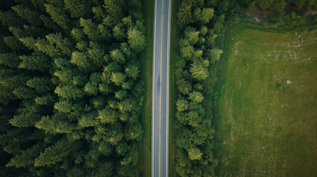 Aerial view of straight paved road dividing dense evergreen forest and open grassland under clear