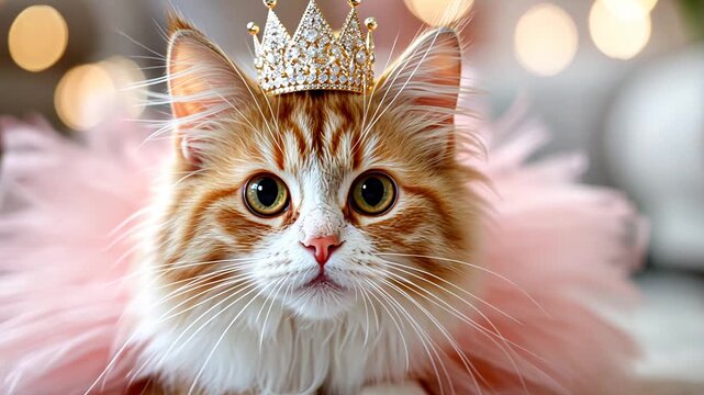 Adorable cat wearing crown and pink tutu with bokeh background