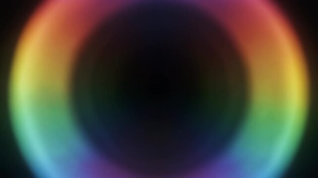 Rainbow light dispersion shifts softly through deep black, blending spectrum colors at delicate edges with luminous optical glow, dreamy scientific atmosphere, and fluid cinematic motion.