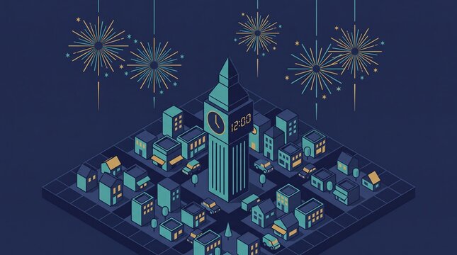 Isometric cityscape with big ben and fireworks display at night