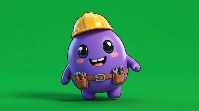 Cute purple cartoon character wearing a construction helmet and tool belt, smiling happily on a green background.