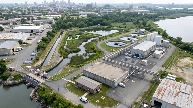 Aerial view of modern wastewater treatment plant near river and urban city