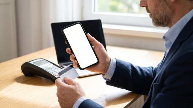Businessman uses a smartphone and credit card at a payment terminal to complete a secure financial transaction within a professional work environment.