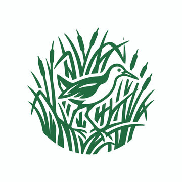 Green Silhouette Bird Walking Through Tall Grass and Reeds in a Circle