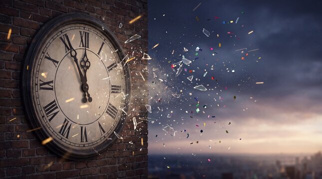 Broken analog clock with shattered glass in dark space background