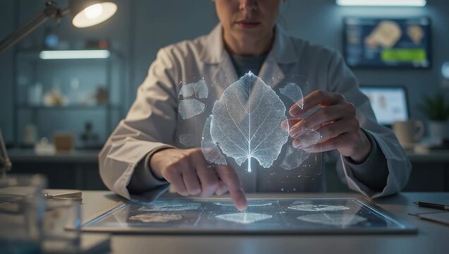 Scientist Analyzing Holographic Brain Scan Data in Laboratory