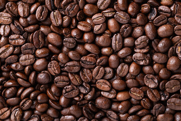 Fototapeta premium Close-up of medium dark roasted coffee bean texture background, Arabica coffee