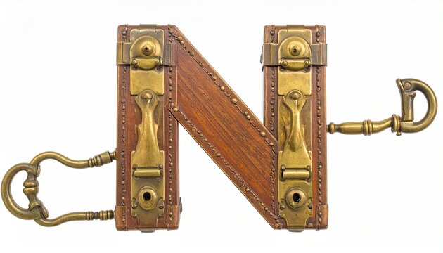 Vintage Leather Brass Hinge Letter N Monogram Locking Chain