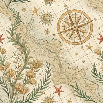 Vintage Coastal Map Digital Paper Pack with Seamless Watercolor Antique Geography Patterns for Scrapbook Crafts
