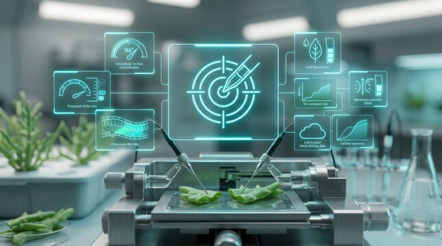 Advanced plant salt stress analyzer in a laboratory with holographic data displays analyzing halophyte leaf tissues for sodium and potassium concentrations