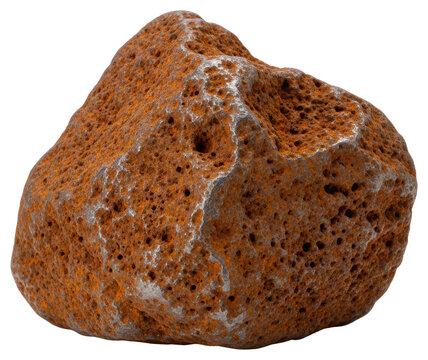 Porous volcanic basalt rock with rusty iron texture on a transparent background