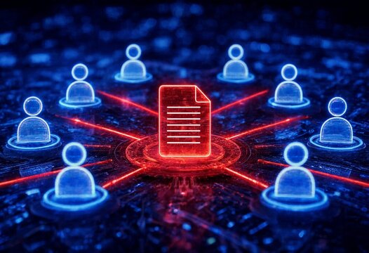 Abstract digital network connecting people around a glowing document, representing business communication, teamwork, collaboration, information sharing, data management, technology, and global connect