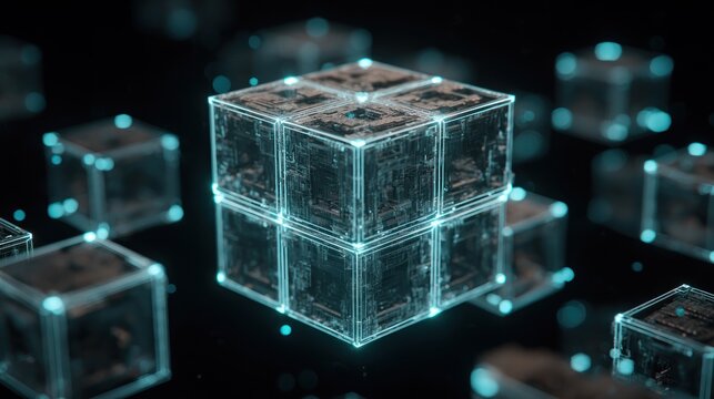 Abstract Digital Cube Network with Glowing Blue Connections.
