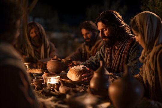 Jesus christ breaking bread with disciples at night biblical last supper scene with candles