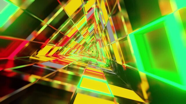 Triangle rotated mirrored green with red orange glass VJ tunnel loop
