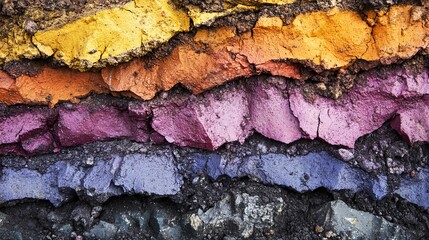 Obraz premium Vivid geological strata display layered colorful earth textures featuring bold yellow orange purple and blue hues in dramatic natural formations