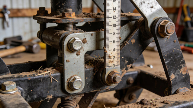 Closeup view of a no-till farming tool showing measurements and soil residue in a field