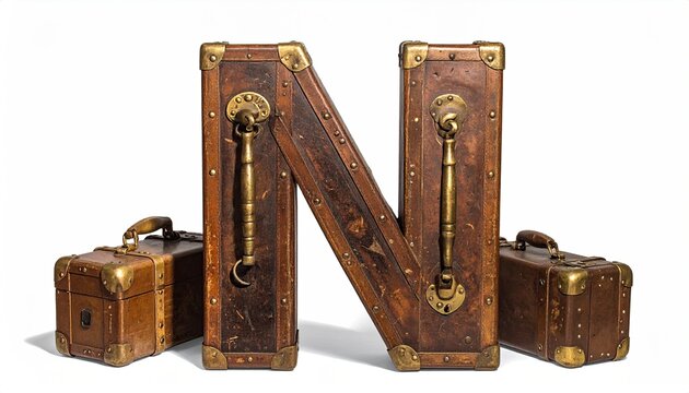 Rustic Leather Suitcases Forming Letter N with Vintage Hardware