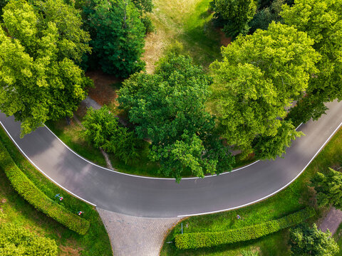 Top-down drone view shows curved asphalt road through green parkland, framed by mature trees, lawns and trimmed hedges. Summer scene highlights clean geometry, lush vegetation and quiet urban nature