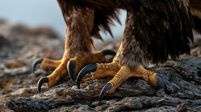Close up detail of bald eagle talons standing on a rocky surface.